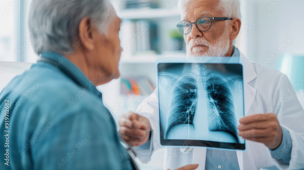 Obraz premium A doctor examines lung X-ray images with a senior patient, showcasing a crucial moment in medical consultation and care.