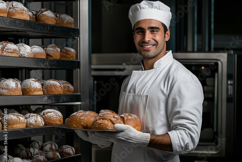 A baker in a white uniform holding an oven mitt and carrying bread on a tray photo