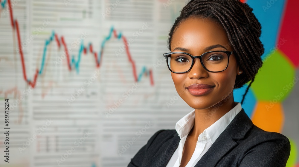 black female executive standing in front of a financial chart white board, black female executive standing in front of a financial chart white board,