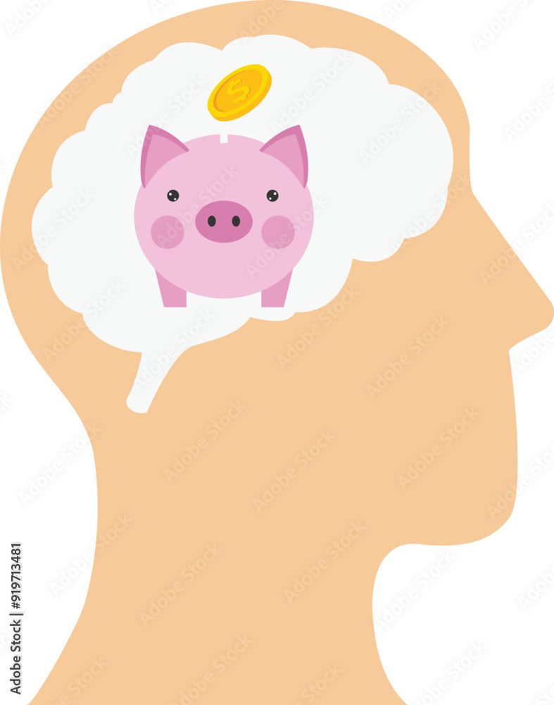 Piggy bank and dollar in the male brain. Silhouettes of thought images. Savings image. Modern vector illustration in flat style
Piggy bank and dollar in the male brain. Silhouettes of thought images. Savings image. Modern vector illustration in flat style