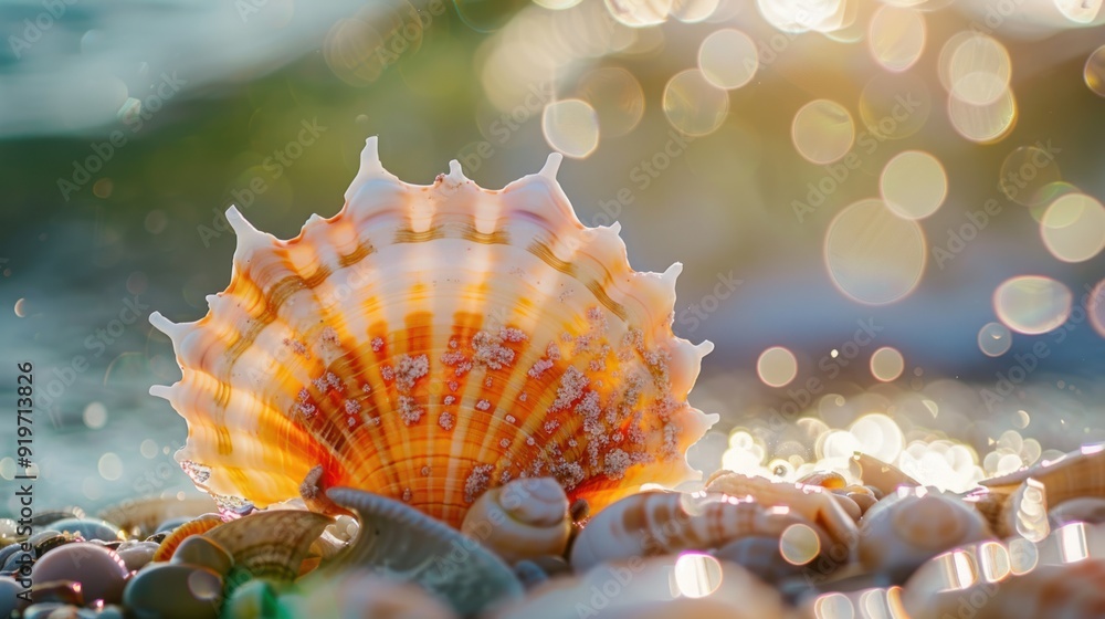 Seashell on Beach with Sunlit Bokeh Seashell on Beach with Sunlit Bokeh