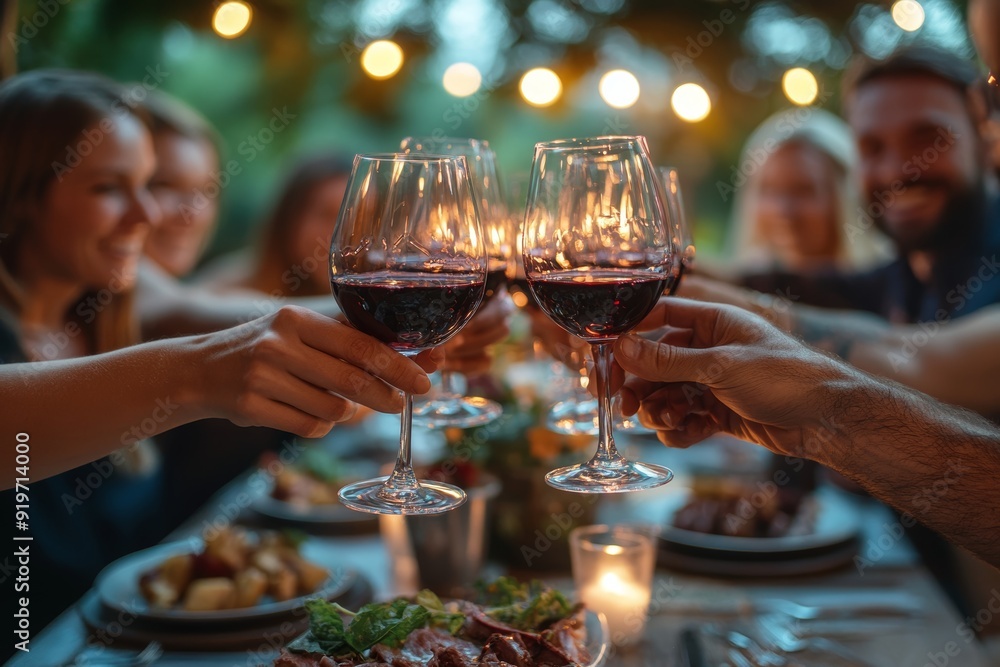 Group of people toasting wine during a dinner party, Generative AI Group of people toasting wine during a dinner party, Generative AI