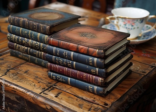 A stack of vintage books resting on a rustic wooden table.