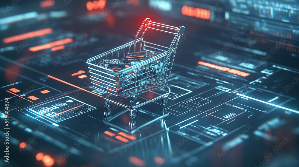 Shopping cart on futuristic digital interface, online shopping concept. Shopping cart on futuristic digital interface, online shopping concept.