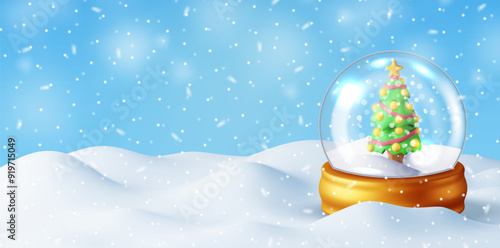 3D christmas background. Render christmas tree in glass globe with garlands and balls. Winter landscape with fir tree and snowing happy new year celebration. New year xmas holiday. Vector illustration