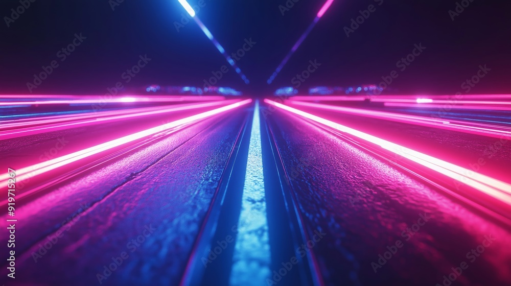 A long road with a bright pink and blue line, synthwave background A long road with a bright pink and blue line, synthwave background