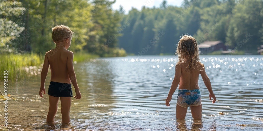 Fototapeta premium Young friends enjoying a day at the lake, Generative AI