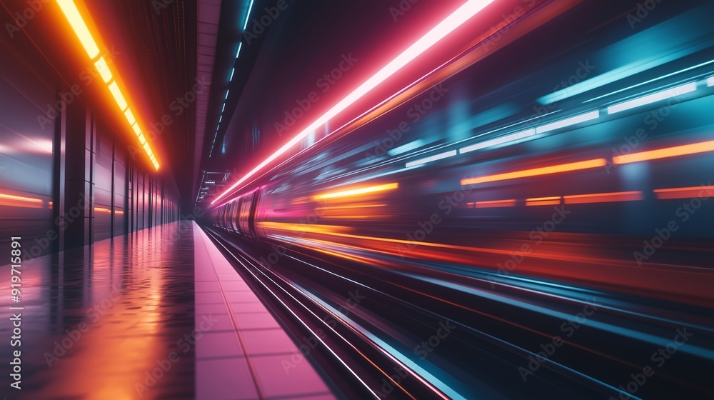 A train is moving through a tunnel with bright lights A train is moving through a tunnel with bright lights