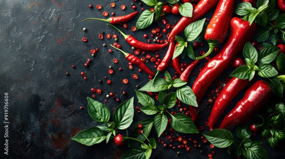 A close-up shot of red chili peppers and basil leaves arranged on a black background. A close-up shot of red chili peppers and basil leaves arranged on a black background.