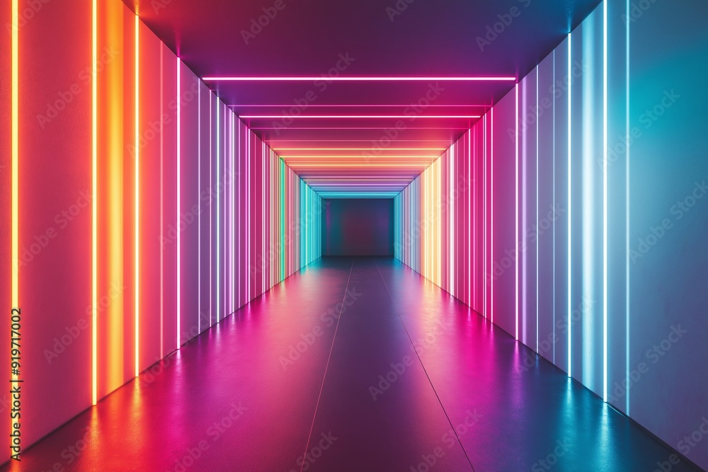 A long, brightly lit hallway with neon colored lights A long, brightly lit hallway with neon colored lights