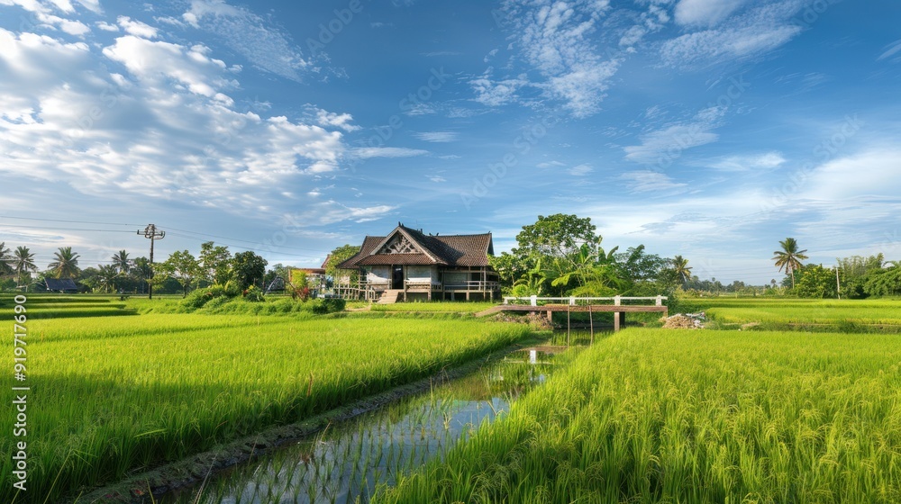 Tranquil Rice Paddy Field with Traditional House and Bridge Tranquil Rice Paddy Field with Traditional House and Bridge