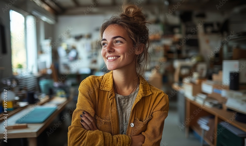 Happy interior designer looking away with a smile in a creative office, Generative AI Happy interior designer looking away with a smile in a creative office, Generative AI