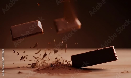 Super slow motion of fall group of raw chocolate pieces.