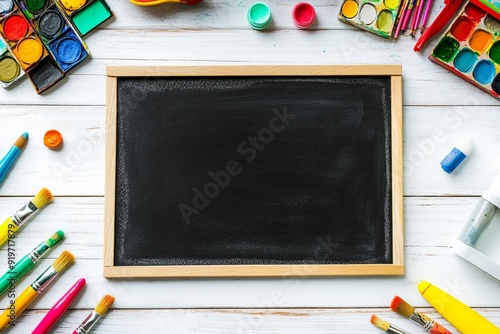 School education concept wiith black slate and school equipment background photo