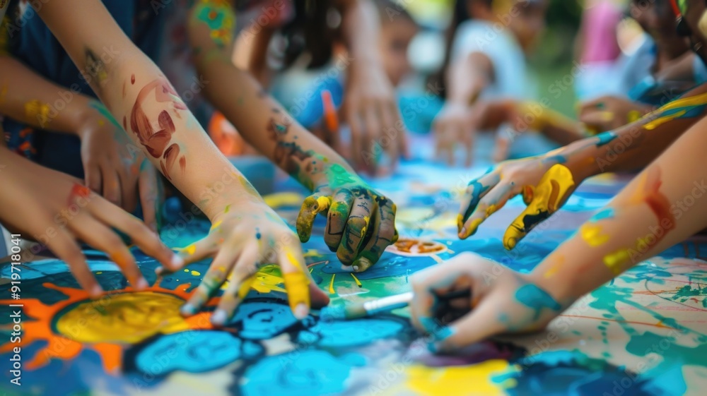 Obraz premium A group of students creating a peace-themed art project, with symbols of harmony and unity