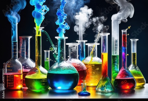 vibrant laboratory equipment displaying energetic chemical processes colorful reactions dynamic glassware, beakers, test, tubes, flasks, chemistry, solutions