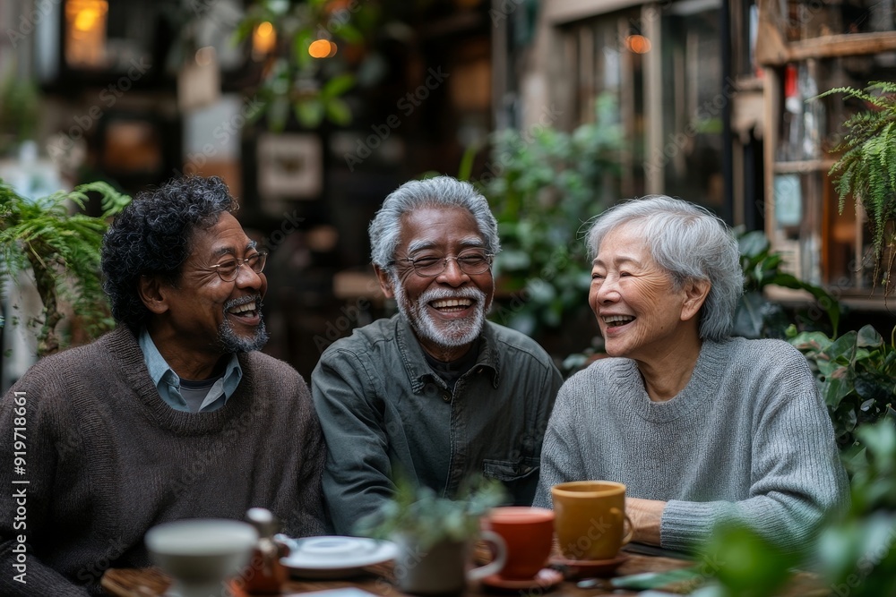 Senior friends laughing happily while having tea, Generative AI Senior friends laughing happily while having tea, Generative AI