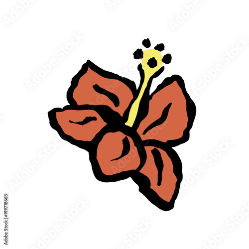 Inky abstract hibiscus flower sketch isolated on white. Black line art of minimalist doodle floral. Hand drawn botanical illustration