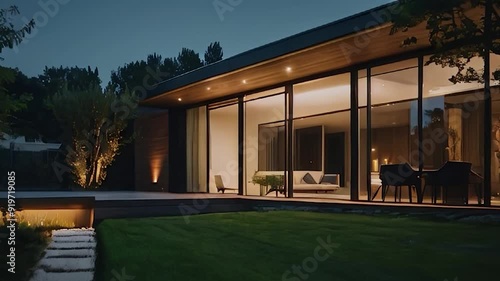 Modern Home with Illuminated Patio and Large Windows at Dusk