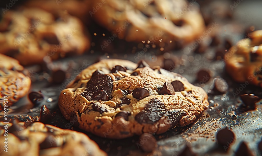 Freshly baked cookies with gooey chocolate chips and a golden crust Freshly baked cookies with gooey chocolate chips and a golden crust