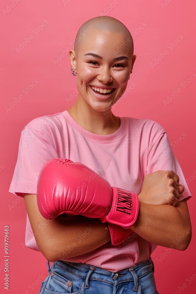 A beautiful bald woman wearing a pink dress and gloves, concept of fighting against disease. A beautiful bald woman wearing a pink dress and gloves, concept of fighting against disease.