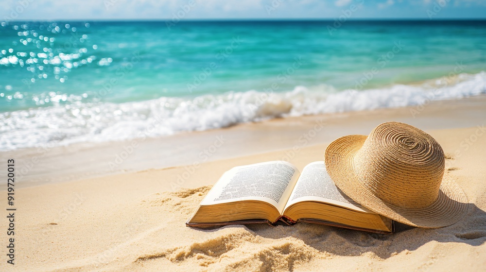 An open book on a sandy beach, with the ocean waves gently rolling in the background and a sunhat placed nearby An open book on a sandy beach, with the ocean waves gently rolling in the background and a sunhat placed nearby