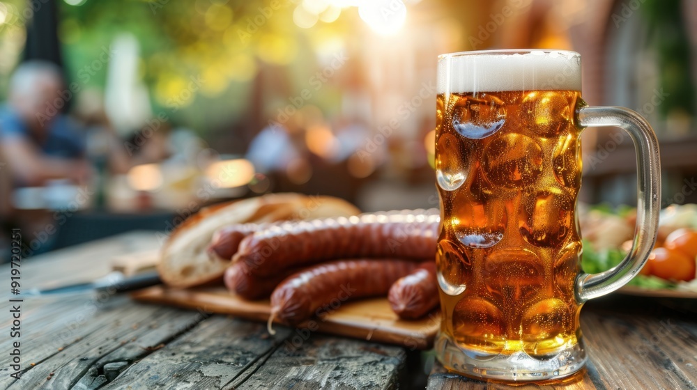 Beer glass and sausage on a plate at an outdoor wooden table in a restaurant in the evening. Beer glass and sausage on a plate at an outdoor wooden table in a restaurant in the evening.