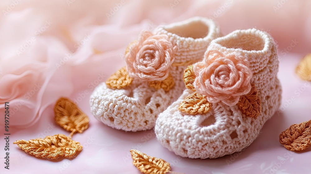 Charming Hand-Crocheted Baby Booties with Golden Leaves and Pink Roses - Perfect for Nursery Decor or Baby Shower Gift Poster! Charming Hand-Crocheted Baby Booties with Golden Leaves and Pink Roses - Perfect for Nursery Decor or Baby Shower Gift Poster!