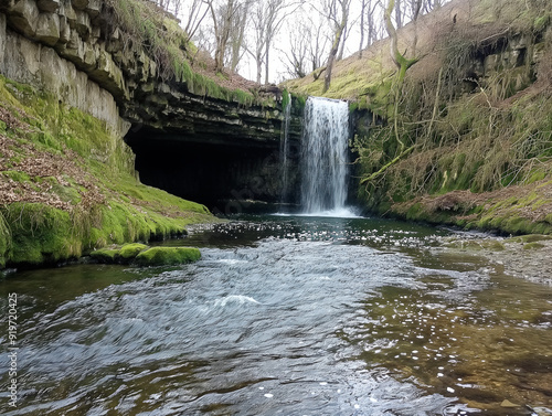 A waterfall is flowing into a river. The water is clear and calm. The scene is peaceful and serene