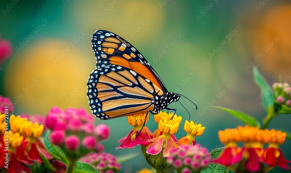 Fototapeta premium Vibrant monarch butterfly resting on a colorful flower