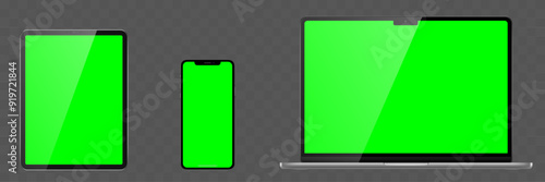 Set of realistic laptop, tablet, phone on a transparent background with green chroma key screen. Vector illustration.	