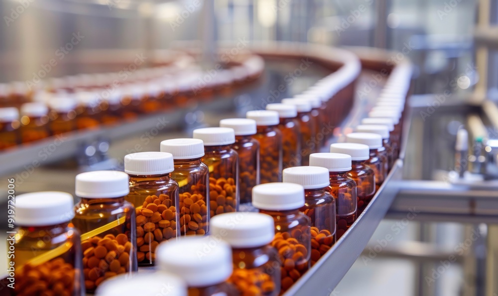 Rows of medicine bottles in a pharmaceutical manufacturing facility showcasing industry production Rows of medicine bottles in a pharmaceutical manufacturing facility showcasing industry production