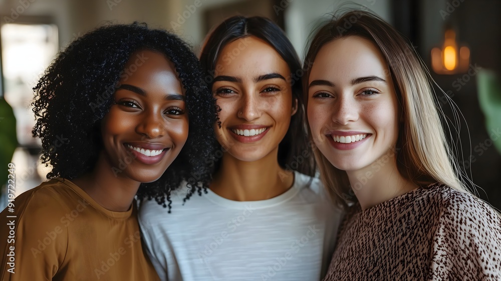 diverse group of smiling young women posing closely, representing friendship and togetherness diverse group of smiling young women posing closely, representing friendship and togetherness