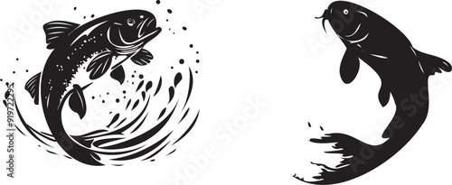 Silhouette of fish jumping white background