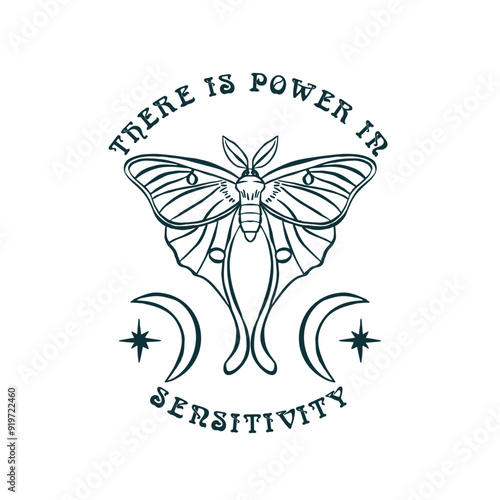 Luna moth hand drawn illustration with inspirational quote. Celestial butterfly design with motivational saying There is Power is Sensitivity