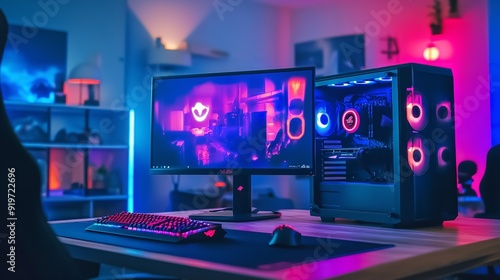 Modern Gaming Computer Setup with Display Water Cooling photo