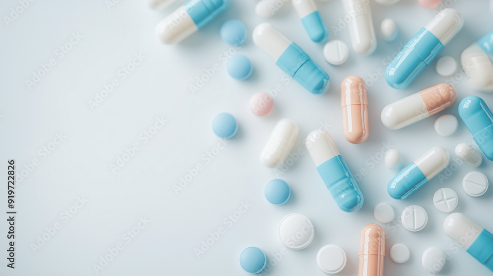 A dynamic scene of blue pills and capsules flying in the air, vitamins and a variety of medicines scattered across a surface. Representing the diversity of healthcare and medicines. Background A dynamic scene of blue pills and capsules flying in the air, vitamins and a variety of medicines scattered across a surface. Representing the diversity of healthcare and medicines. Background