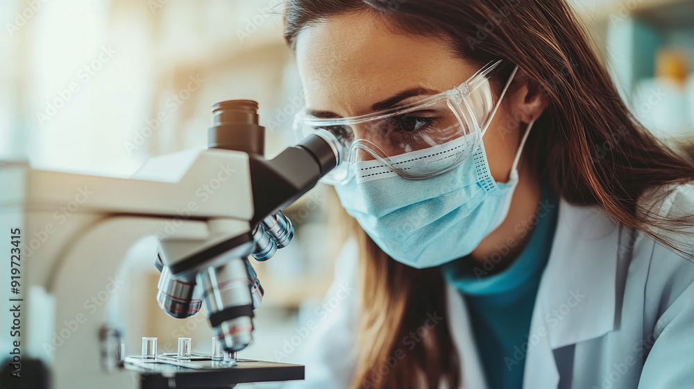 Female scientist looking through microscope in laboratory. Young female scientist working with microscope in laboratory. Medicine and research concept Female scientist looking through microscope in laboratory. Young female scientist working with microscope in laboratory. Medicine and research concept