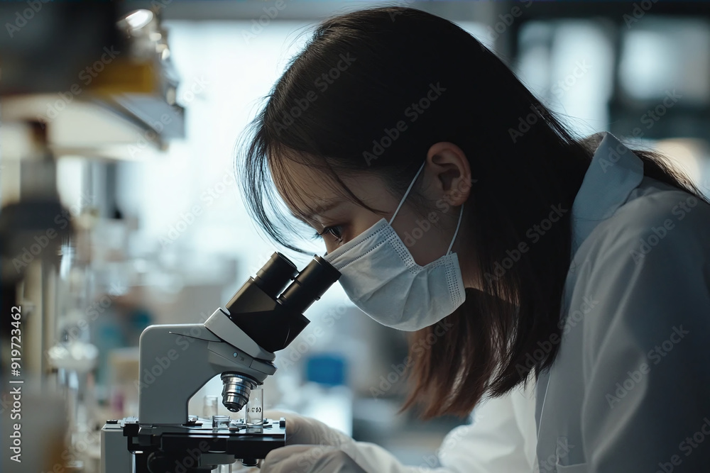 Female scientist working with microscope in laboratory. Young female researcher using microscope in laboratory. Science, chemistry, biology, medicine and people concept Female scientist working with microscope in laboratory. Young female researcher using microscope in laboratory. Science, chemistry, biology, medicine and people concept