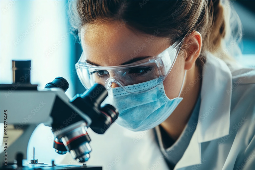 selective focus of female scientist looking at microscope while working in laboratory