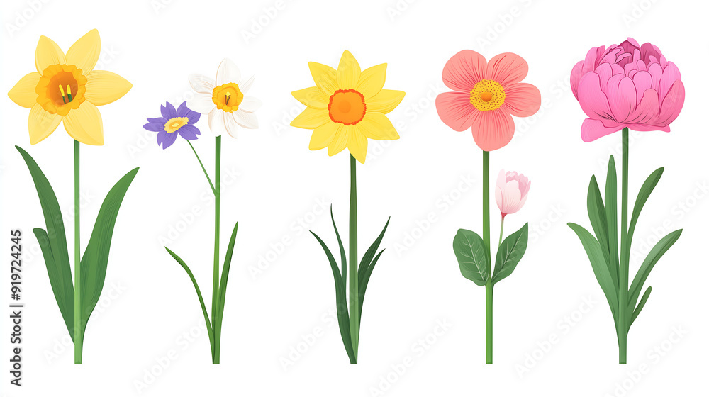 Set of spring flowers daffodil, tulip and peony isolated on a white background Set of spring flowers daffodil, tulip and peony isolated on a white background