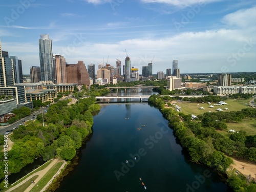 Aerial view of downtown Austin, Texas with skyscrapers on a sunny day