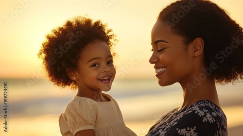 A joyful mother holds her daughter at sunset, radiating love and happiness by the beach. A heartwarming family moment captured.