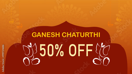 Text Ganesh Chaturthi 50% OFF
Two elephants representing Lord Ganesha orange background with mandala art temple shape in brown colour