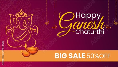 Text Happy Ganesh Chaturthi BIG SALE 50% OFF Golden outline of Lord Ganesha in the center Purple background with golden decorations Golden diyas on either side photo