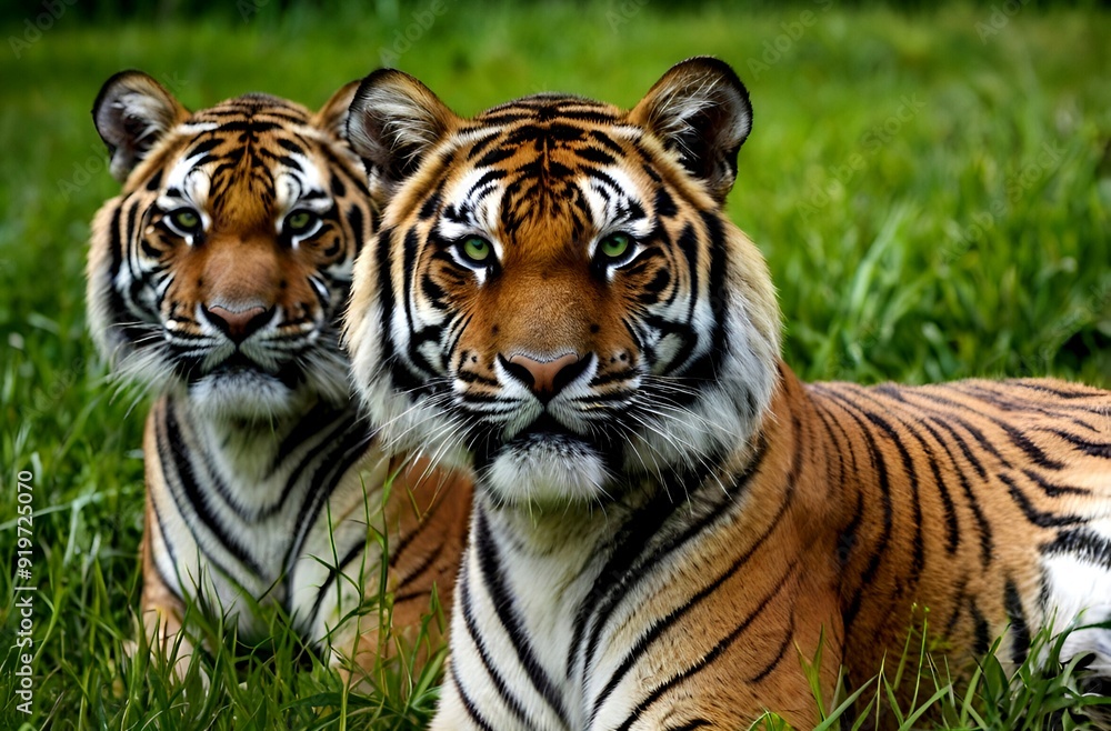 Two beautiful and dangerous tigers in a green forest Two beautiful and dangerous tigers in a green forest