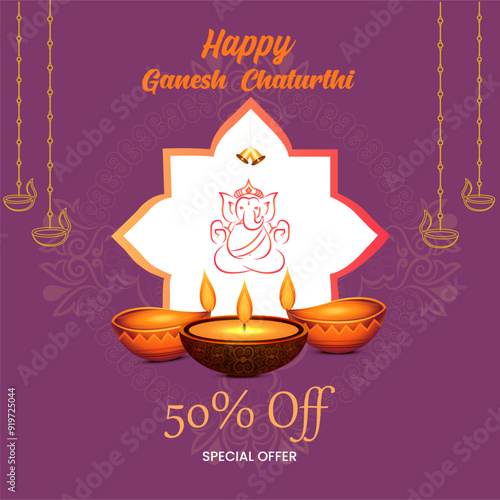 Text Happy Ganesh Chaturthi 50% OFF SPECIAL OFFER
Golden outline of Lord Ganesha in the center
Purple background with golden decorations
Golden diyas and hanging elements with bells