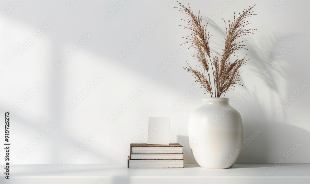 White ceramic vase with dry Lagurus ovatus grass, books and business card on white wall background. Scandinavian interior White ceramic vase with dry Lagurus ovatus grass, books and business card on white wall background. Scandinavian interior