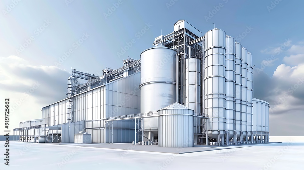 Big tank for store grain in feed manufacturing. Agricultural silo at feed mill industry Big tank for store grain in feed manufacturing. Agricultural silo at feed mill industry