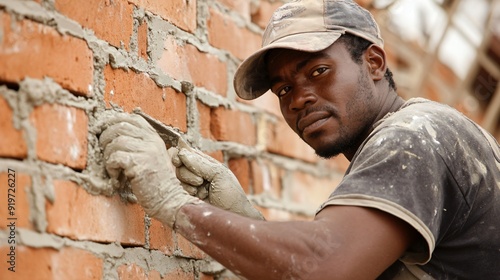 A construction worker fitting bricks in a brick wall, using a trowel and mortar